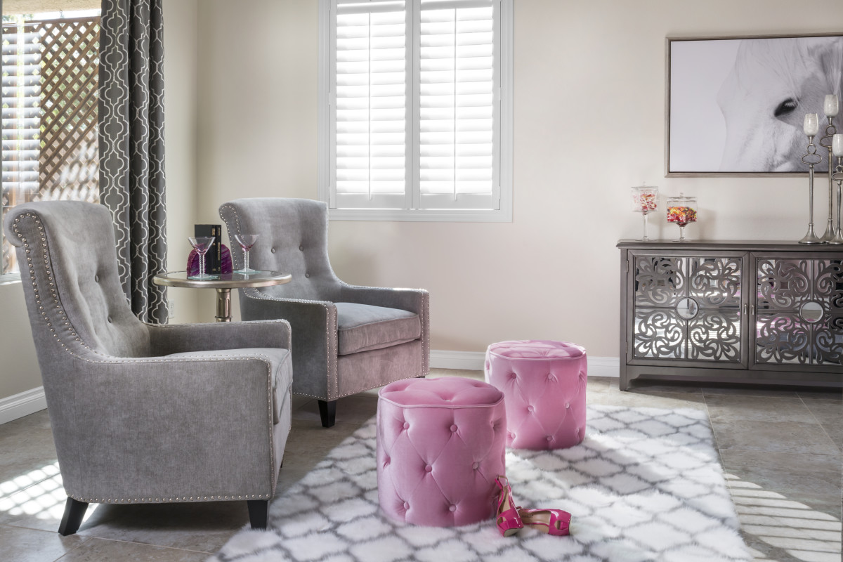 Houston pink living room with shutters